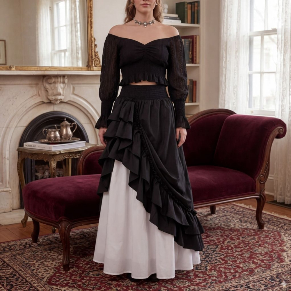 Modern Victorian Romance Gothic Black Lace Crop Top Bell Sleeves Whimsigoth Med